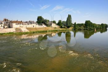 river near small town (river Loire in Amboise, France)