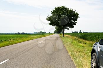 country road in fields to horizon and black car