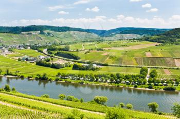 panorama of Moselle valley and Mosel river in summer day, Germany