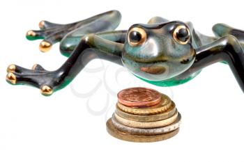 ceramic frog and coins isolated on white