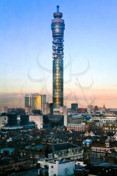 view BT telecommunications tower in London in winter evening