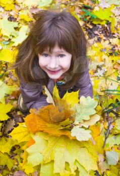 bright yellow maple leafs in girl's hand in autumn