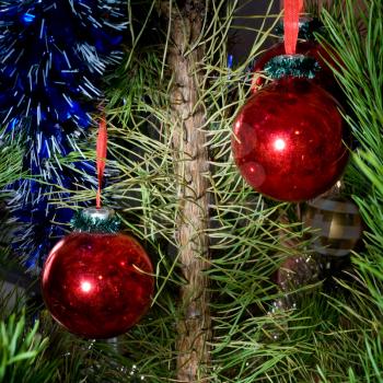 two red glass balls and tinsel on Christmas-tree at night