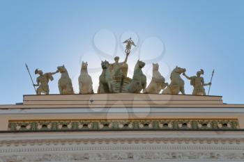 Roman quadriga on double triumphal arch on Palace Square, St Petersburg, Russia