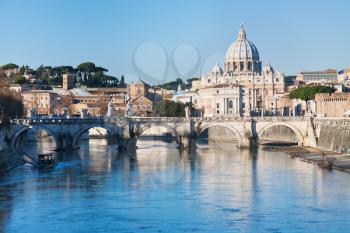 view on Tiber river and St Peter Basilica in Rome
