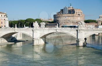 view on St Angel castle and Bridge of St Angel, in Rome, Italy