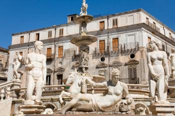 statues of fountain Pretoria in Palermo, Sicily, Italy