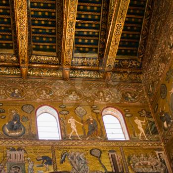 ancient gold mosaic in interior of Cefalu cathedral
