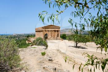 view on Temple on Concordia in Valley of Temples and  town Agrigento, Sicily 