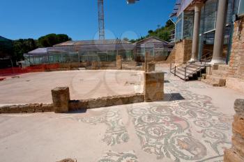 view on square near entrance in antique Villa Romana del Casale, Sicily