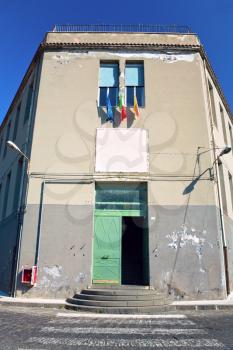 municipal house with flags of Sicily, Italy, EU in small sicilian town Castiglione di Sicilia