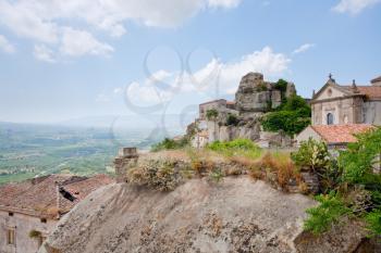 view on valley, Lauria Castle and Basilica in sicilian mointain town Castiglione di Sicilia
