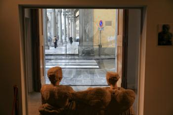 view from ancient world to modern street (from museum Museo Archeologico in Florence)
