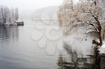 Hudson river in snowing in winter