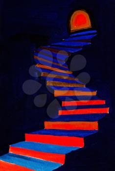 red and blue steps to red entrance in dark cave