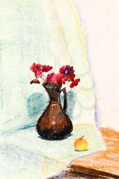 childs painting - still life flower vase with red chrysanthemum and poppy