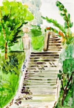 childs painting - old stone stairway in green summer park