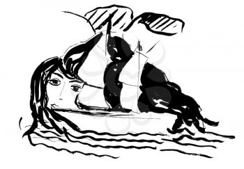 childs drawing - siren and sailing boat in sea