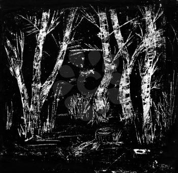 childs drawing - night in birch forest