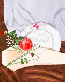 still life with small flowers, red fruit,white plate dish