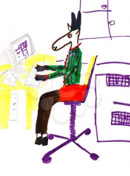childs drawing - donkey working at computer in office