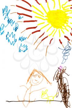 childs drawing - happy child with pet under sun
