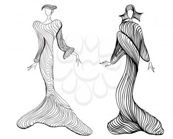 sketch of fashion model - designing evening dresses based on sand dunes