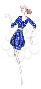 sketch of fashion model - short blue mini dress with polka dots