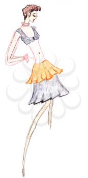 sketch of fashion model - blouse, top and double skirt