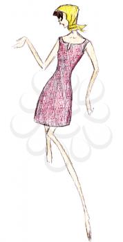 sketch of fashion model - simple short pink summer dress mini and scarf