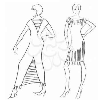 sketch of fashion model - dress design by Egyptian motives