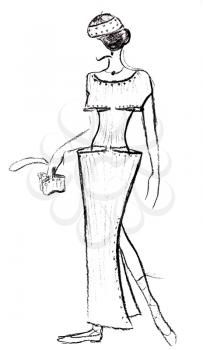 sketch of fashion model - knitted dress with big pockets