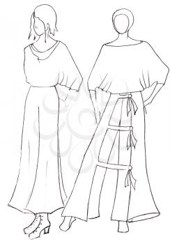 sketch of fashion model - dress design by peasant motifs