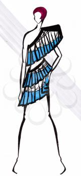 sketch of fashion model - cocktail dress of blue broad band of tissue
