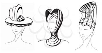 sketch of fashion model - development of futuristic hats
