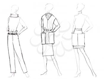 sketch of fashion model - selection of casual women costumes