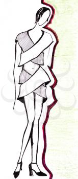 sketch of fashion model - development of short dress from wide stripe