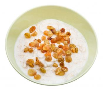 traditional english oat porridge with raisins in ceramic bowl isolated on white background