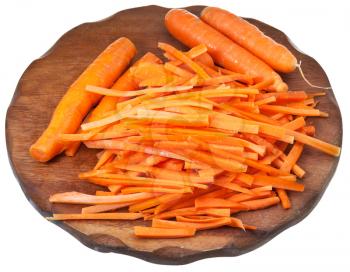 raw cleaned carrots and strips sliced carrot on wooden cutting board isolated on white background