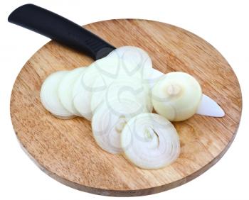 bulb and sliced onions with ceramic knife on wooden cutting board isolated on white background