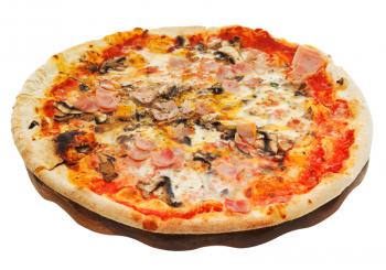 italian pizza with mushrooms and prosciutto on wooden board isolated on white background