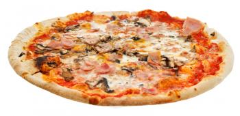italian pizza with mushrooms and prosciutto isolated on white background