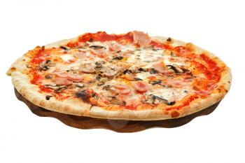 italian pizza with mushrooms and ham on wooden board isolated on white background