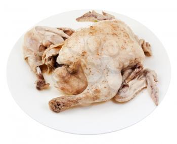 boiled hen on plate isolated on white background