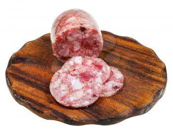 meat head cheese on wooden cutting board isolated on white background