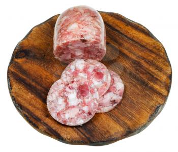 meat headcheese on wooden cutting board isolated on white background