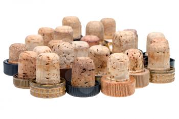 many used corks from strong drinks isolated on white background