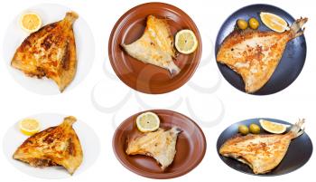 top view of fried sole fish on white plate isolated on white background