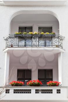 red and yellow flowers in flowerbeds at balcony residential house in Berlin