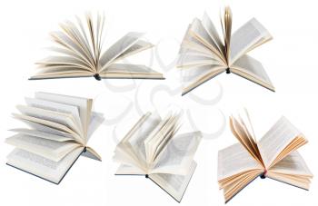 set from different angles open books with blue cover isolated on white background